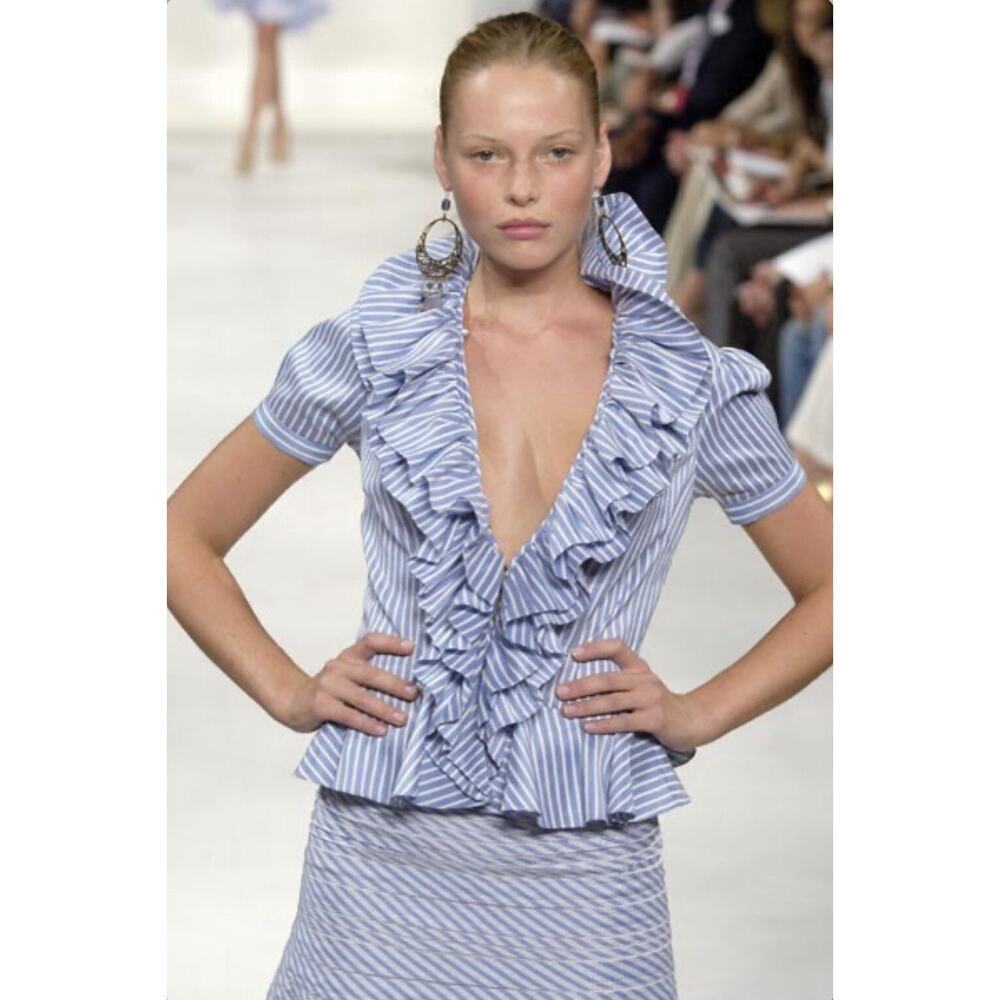 Ralph Lauren Collection Purple Label Blue Pinstripe Ruffle Silk Blouse Runway L